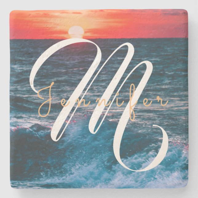 Monogramm Ocean Sunrise Steinuntersetzer (Vorderseite)