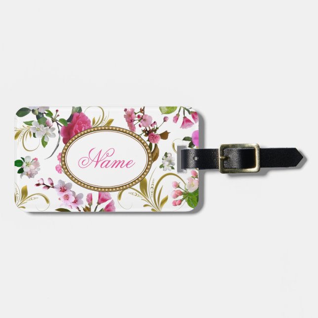 Monogramm-oder Name-rosa Blumen Gepäckanhänger (Vorderseite horizontal)