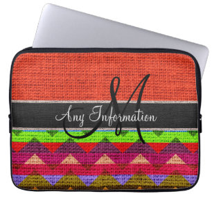 Monogramm Orange Chevron Zickzack Jute Leinen Laptopschutzhülle