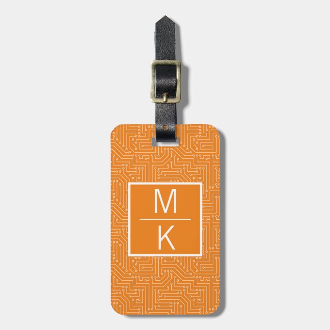 Monogramm Orange Circuit Square Splitter Gepäckanhänger (Vorderseite vertikal)