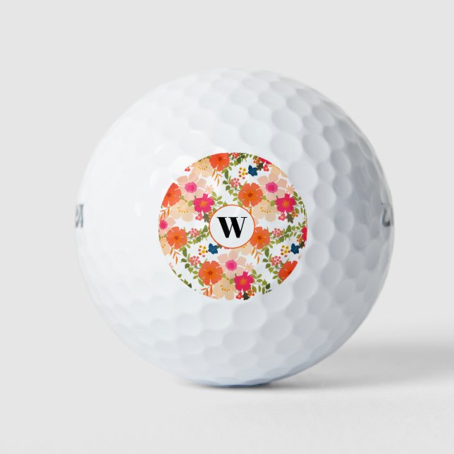 Monogramm Orange Floral Aquarell Golfball (Vorderseite)