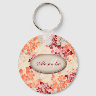 Monogramm Orange Rote & Cremefarbene Blumen Retro Schlüsselanhänger