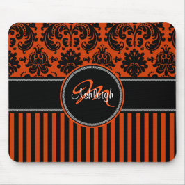 Monogramm-orange Schwarz-weißer Streifen-Damast Mousepad