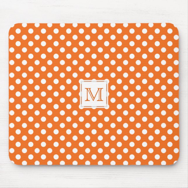 Monogramm: Orange u. weißer Tupfen Mousepad (Vorne)