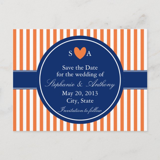 Monogramm Orange und weiße Streifen mit Royal Blue Ankündigungspostkarte (Vorderseite)