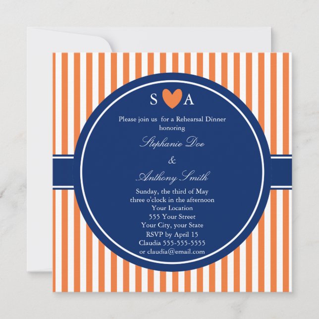 Monogramm Orange und weiße Streifen mit Royal Blue Einladung (Vorderseite)