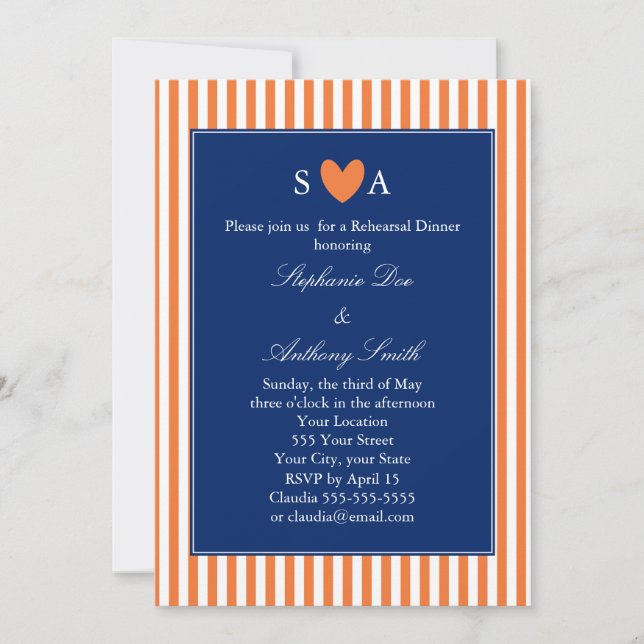 Monogramm Orange und weiße Streifen mit Royal Blue Einladung (Vorderseite)