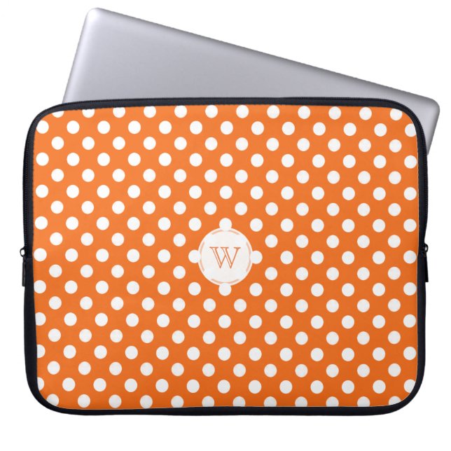 Monogramm-orange und weiße Tupfen-Laptop-Hülse Laptopschutzhülle (Vorderseite)