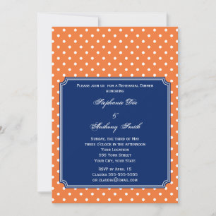 Monogramm Orange, Weiße Polka-Punkte mit Königblau Einladung