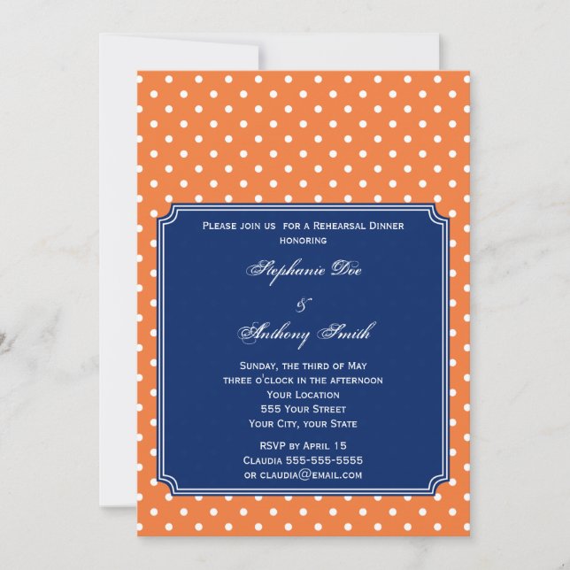 Monogramm Orange, weißer Polka Dot mit Royal Blue Einladung (Vorderseite)
