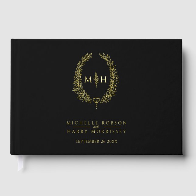 Monogramm ovale Blätter goldene Hochzeit Gästebuch (Vorderseite)