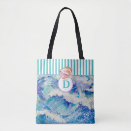 Monogramm Ozean mit Seashell / blaue Streifen Tasc Tasche