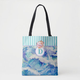 Monogramm Ozean mit Seashell / blaue Streifen Tasc Tasche