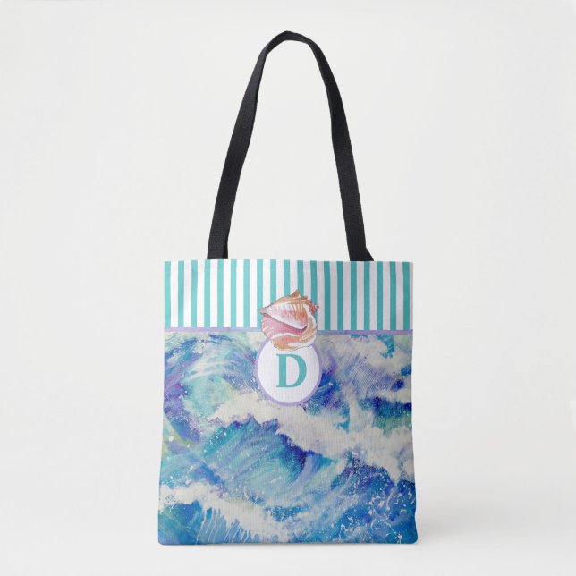 Monogramm Ozean mit Seashell / blaue Streifen Tasc Tasche (Vorderseite)