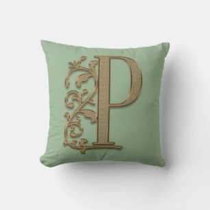 Monogramm P Salbei Grün, Familie, Hochzeit Geburts Kissen
