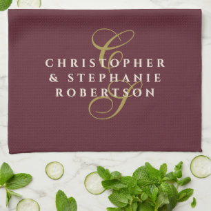 Monogramm Paar Burgunder Gold Creme Minimalistisch Geschirrtuch