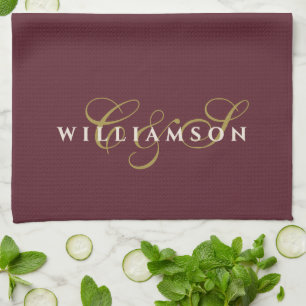 Monogramm-Paar Minimalistisch Burgunder Gold Creme Geschirrtuch