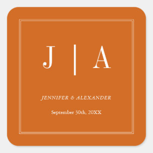 Monogramm-Paarname Einfach verbranntes Orange und Quadratischer Aufkleber