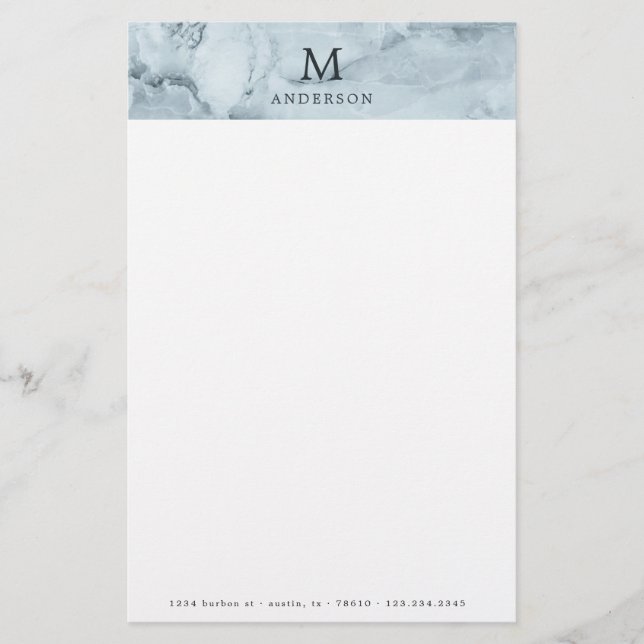 Monogramm-Papier aus männlich-blauem Marmor Briefpapier (Vorderseite)