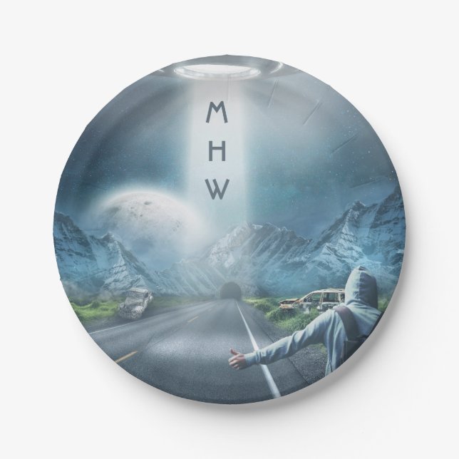 Monogramm-Papier-Teller UFO-Trampers Pappteller (Vorderseite)