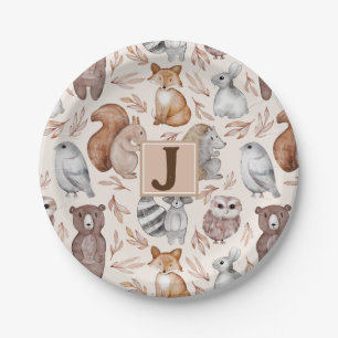 Monogramm-Party für Whimsical Woodland Animals Pappteller