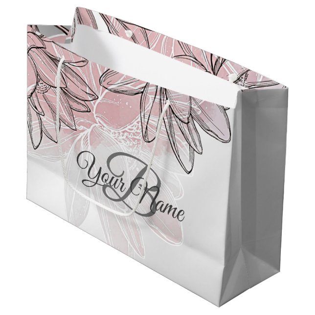 Monogramm Party Rosa Weiße Blume Wasserfarbe Silbe Große Geschenktüte (Vorderseite Schrägansicht)