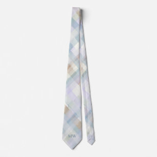 Monogramm Pastell Karo Tartan Puderblau Creme Krawatte