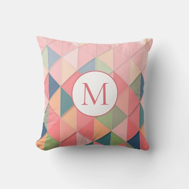 Monogramm Pastellrosa Blaues geometrisches Muster Kissen (Vorderseite)