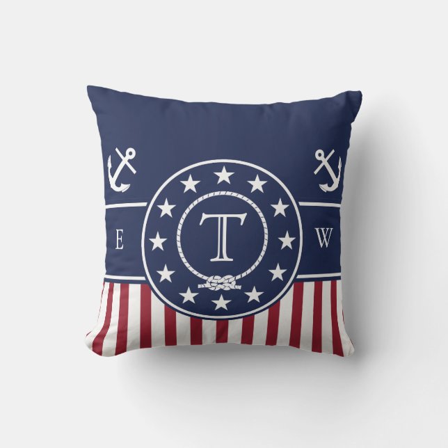 Monogramm-patriotischer blauer nautischanker und kissen (Vorderseite)