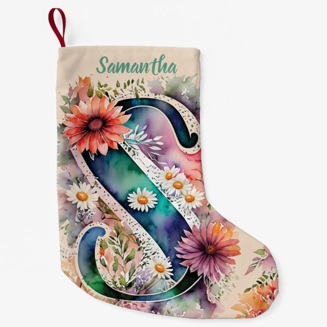 Monogramm Personalisierte florale Rose Kleiner Weihnachtsstrumpf (Vorderseite)