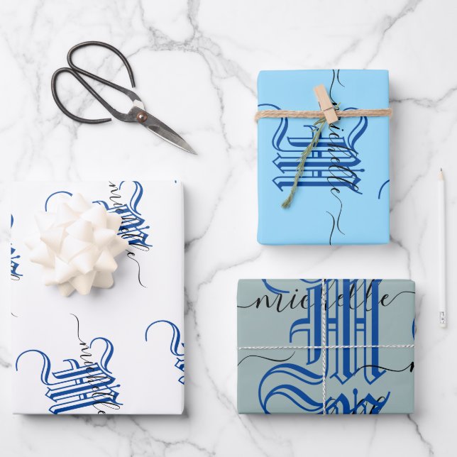 Monogramm personalisierter Anfangsname blau Geschenkpapier Set (Vorderseite)