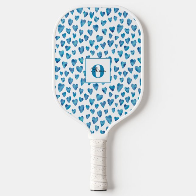 Monogramm Personalisiertes blaues Herz Pickleball Schläger (Vorderseite)