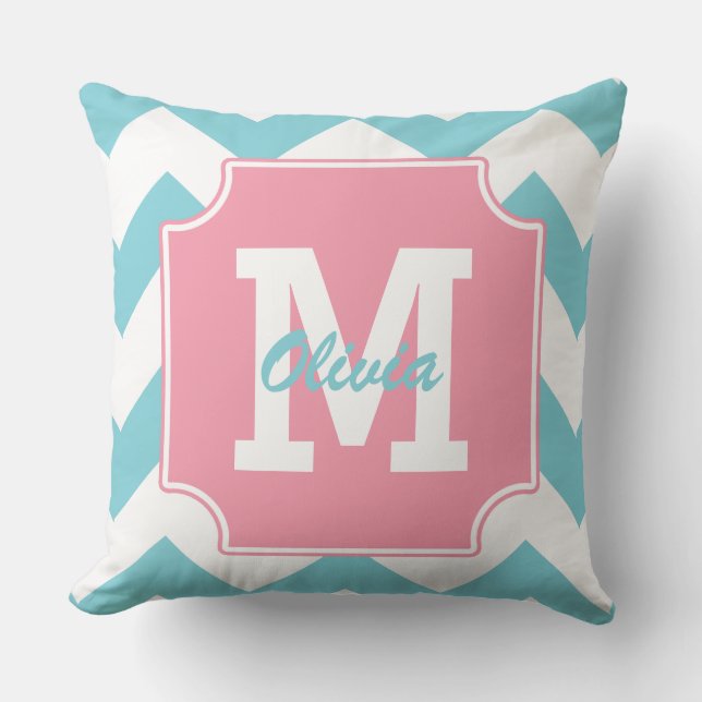 Monogramm-personalisiertes blaues und rosa kissen (Vorderseite)