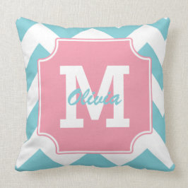 Monogramm-personalisiertes blaues und rosa kissen