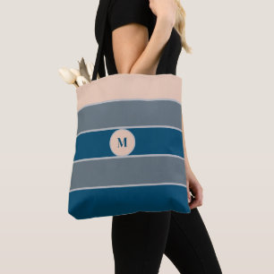 Monogramm Pfirsich Grau Blau Gestreift Modern Chic Tasche