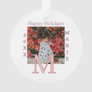 MONOGRAMM PFIRSICH GRAU NAME FOTO JAHR WEIHNACHTEN ORNAMENT