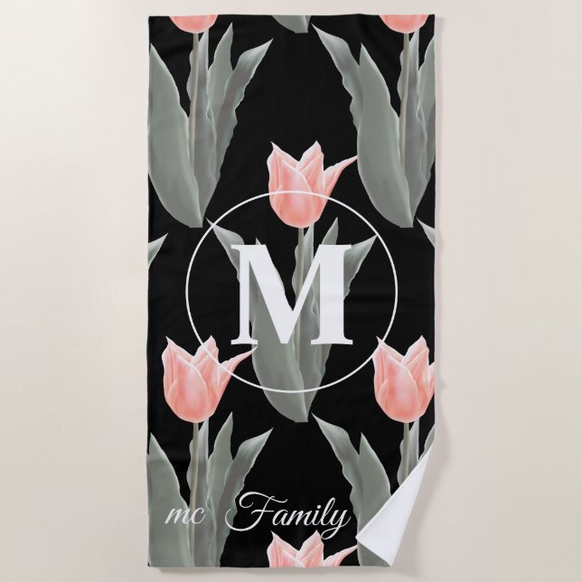 Monogramm-Pfirsichfarben mit elegantem Familiennam Strandtuch (Vorderseite)