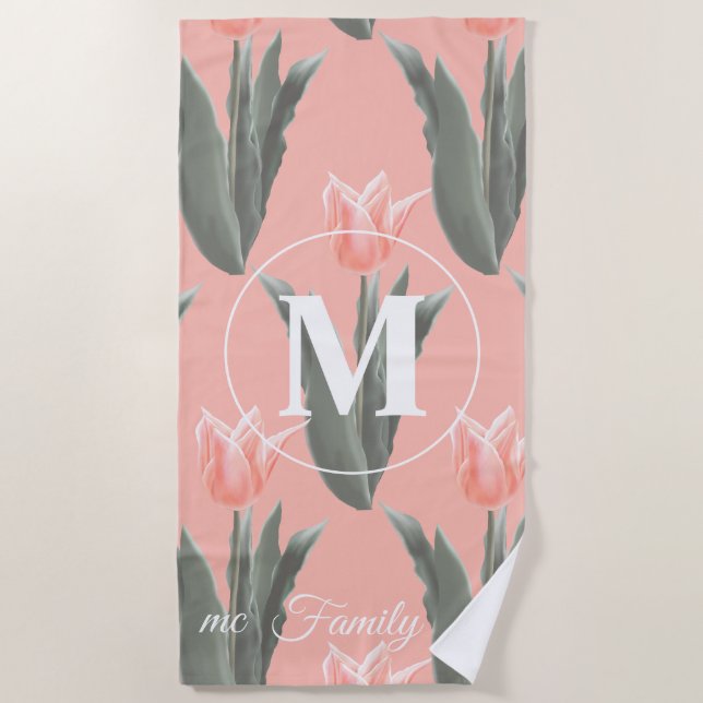 Monogramm-Pfirsichfarben mit elegantem Familiennam Strandtuch (Vorderseite)