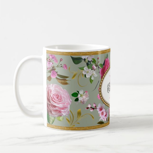 Monogramm Pink-Blume Kaffeetasse (Links)