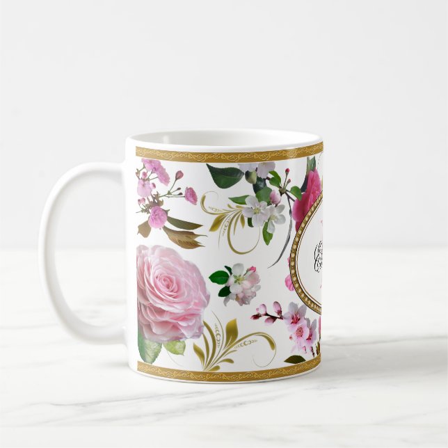 Monogramm Pink-Blume Kaffeetasse (Links)