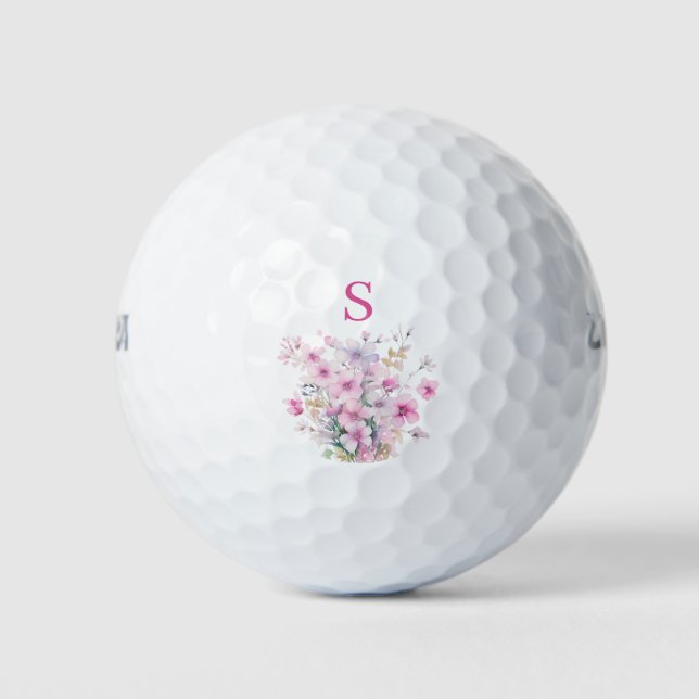 Monogramm Pink Floral Botanisch Golfball (Vorderseite)
