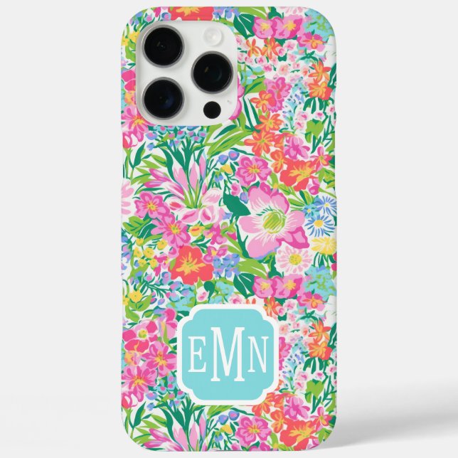 Monogramm 'Pink Floral Garden' iPhone 16 Pro Max Hülle (Rückseite)