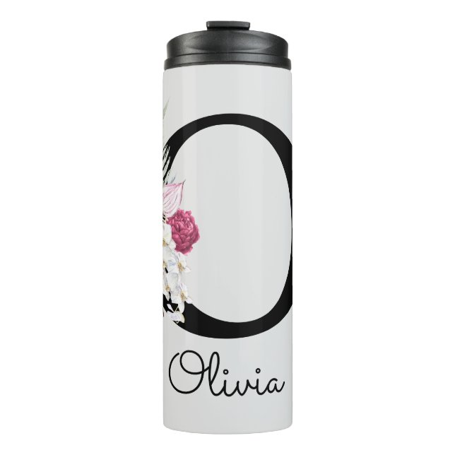 Monogramm Pink Floral Initial O Thermosbecher (Vorderseite)