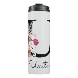 Monogramm Pink Floral Initial U Thermosbecher