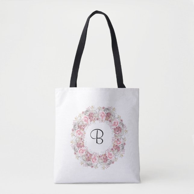 Monogramm Pink Floral Tasche (Vorderseite)
