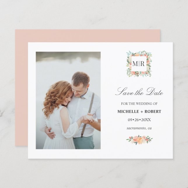 Monogramm Pink florales Foto Hochzeit SPEICHERN DA (Vorne/Hinten)