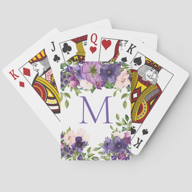 Monogramm Pink Lila Floral Spielkarten (Rückseite)