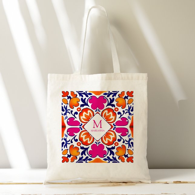 Monogramm Pink-orange-blaue Brautparty-Favoriten Tragetasche (Monogram Pink orange blue bridal party favors Tote Bag)