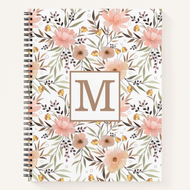 Monogramm Pink Peach Olive Brown Floral Muster Notizbuch (Vorderseite)