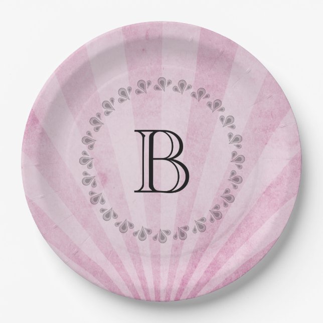 Monogramm Pink Sunray Shabby Textur Pappteller (Vorderseite)
